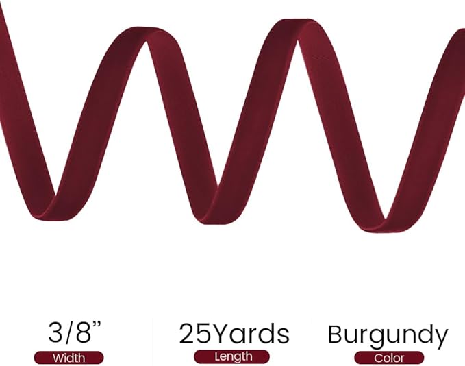 3/8" Wide x 25 Yards Velvet Ribbon, Vintage Single Face Velvet Ribbons for Gift Wrapping, Christmas Wrapping Bows, Wedding Decor, Sewing and More (Burgundy)