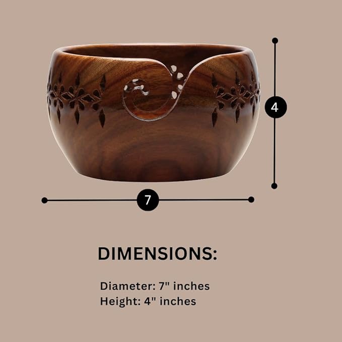 Wooden Large Yarn Bowl (7x4) – Yarn Holder for Crocheting & Knitting – Crochet Bowl with Carved Holes – Yarn Ball Storage Christmas Gift for Women