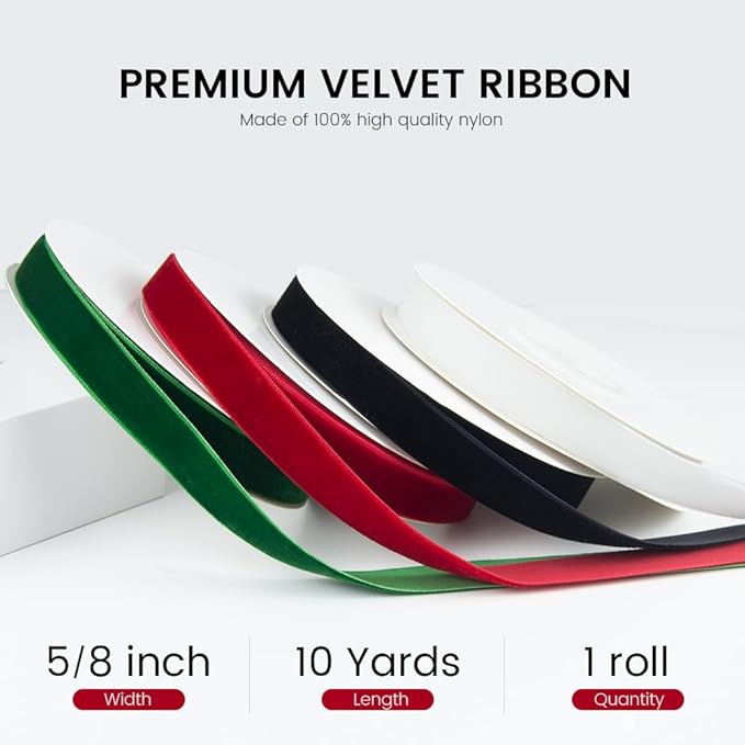 5/8" Wide x 10 Yards Velvet Ribbon, Vintage Single Face Velvet Ribbons for Gift Wrapping, Christmas Wrapping Bows, Wedding Decor, Sewing and More (Red)