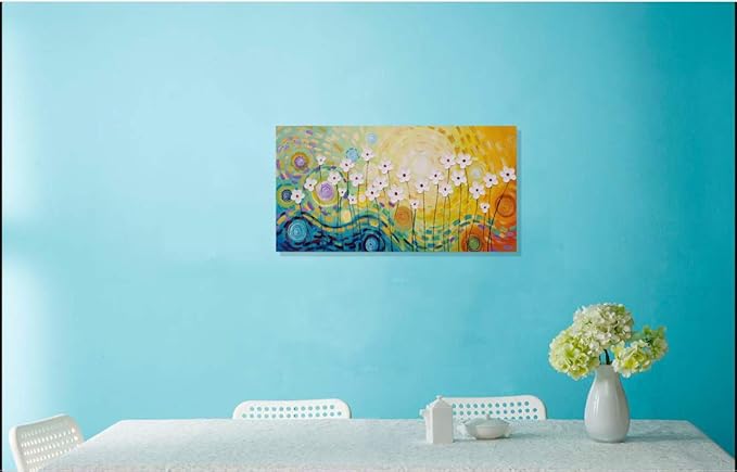 Yihui Arts Hand Painted Textured Floral Oil Painting on Canvas, Vibrant Abstract White Flower Wall Art with Colorful Swirls, Modern Home Decor for Living Room Bedroom