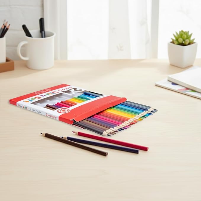 24 Colored Pencils Set – Soft Core, Pre-Sharpened, Break-Resistant – Ideal for Coloring Books, Drawing, Sketching, School Art Supplies (Classic Colors)