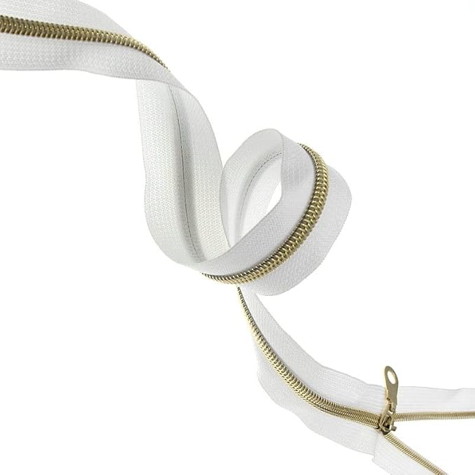 #5 Gold Metallic Nylon Coil Zipper by The Yard, Bulk 10 Yards White Tape with 25PCS Rose Gold Zippers Pulls for Sewing, Bags, Purses YIGUANXIN