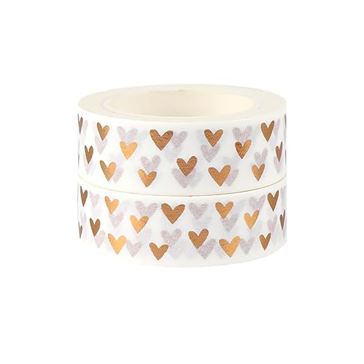 NatSumeBasics 2 Love Washi Tapes Hearts Scrapbook Tape Glitter Foil Masking Tapes for Decor Holiday Wedding (Bronze Hearts Tape)