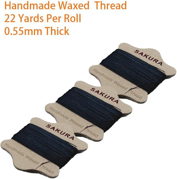 SAKURA Upholstery Repair Kit, 0.55mm ，Round Waxed Sewing Thread (3 Colors) & Heavy Duty Needles (7 PCS) for Leather, Canvas & Quilting Thread (3-Black)