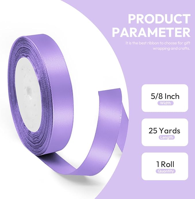 5/8" x 25 Yards Satin Ribbon, Light Purple Silk Ribbon Ideal for Gift Wrapping, Floral Bouquets, Crafts, Wedding Party Decorations, Christmas and Sewing Projects