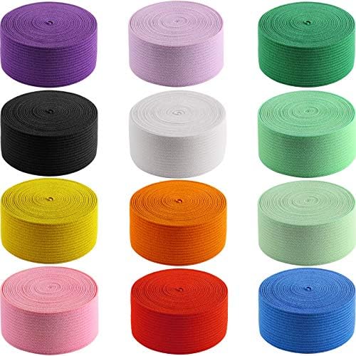 WILLBOND 12 Rolls Colorful Elastic Band Folding Elastic Cord Heavy Duty Stretch Band Knitted Flat Band for Sewing Crafts DIY Comforter Cuffs(1 Inch X 2.2 Yard,Bright Color)