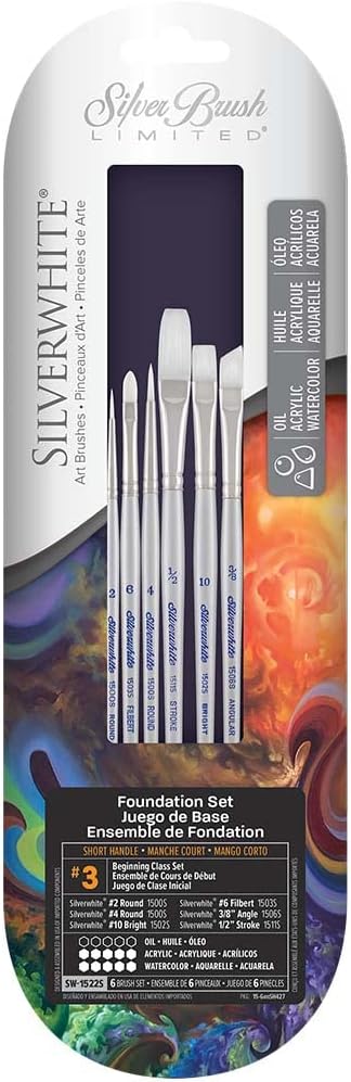 Silver Brush Limited SW-1522S Silverwhite Beginning Class Set, Paintbrushes for Watercolor, Gouache, Inks, Dyes, Fluid, & Flow Acrylic, Set of 6, Short Handle