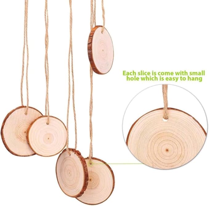 30pcs Wood Slices, BetterJonny 2.75-3.15 inch Undrilled Wooden Circles Predrilled with Hole Natural Wood Ornaments with 10 Meters Jute Rope for Arts DIY Craft