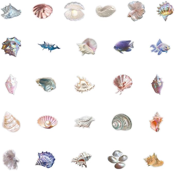 Colorful Shell Stickers for Teens Boy Girls Kids|50 Pcs|Clear PET Waterproof Stickers for Laptop Computer Phone Tablet Scrapbook Flasks Water Bottle Bike Notebook Cup,Gorgeous Decals Pack(Shell)