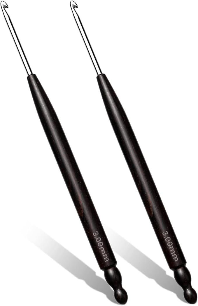 Hssugi Crochet Hooks, 2PCS 3.0mm Small Crochet Hooks for Arthritic Hands with Wooden Handle, Long Comfortable Ergonomic Crochet Needle for Beginners DIY, Experienced Crochet Lovers
