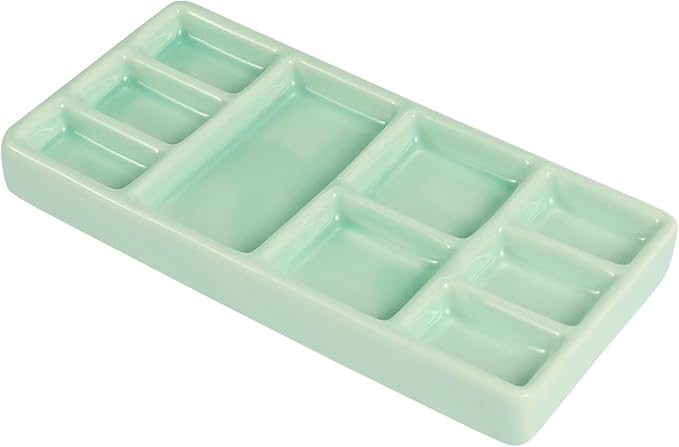 Porcelain Watercolor Palette - 10 Well Ceramic Artist Paint Palette with Mixing Tray for Painting and Craft Projects（Green）
