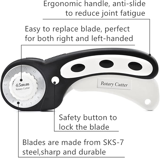 45mm Rotary Cutter with 7pcs Replacement Blades, Ergonomic Handle Rolling Cutter with Safety Lock for Fabric, Leather, paper, Crafting, sewing, Quilting, Perfect for Left & Right Hand(Black)