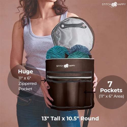 Designer Stitch Happy Crocheting Kit: 52 Piece Crochet Kit for Beginners & 7 Pocket Yarn Bag, Signature Yarn Storage - Chocolate
