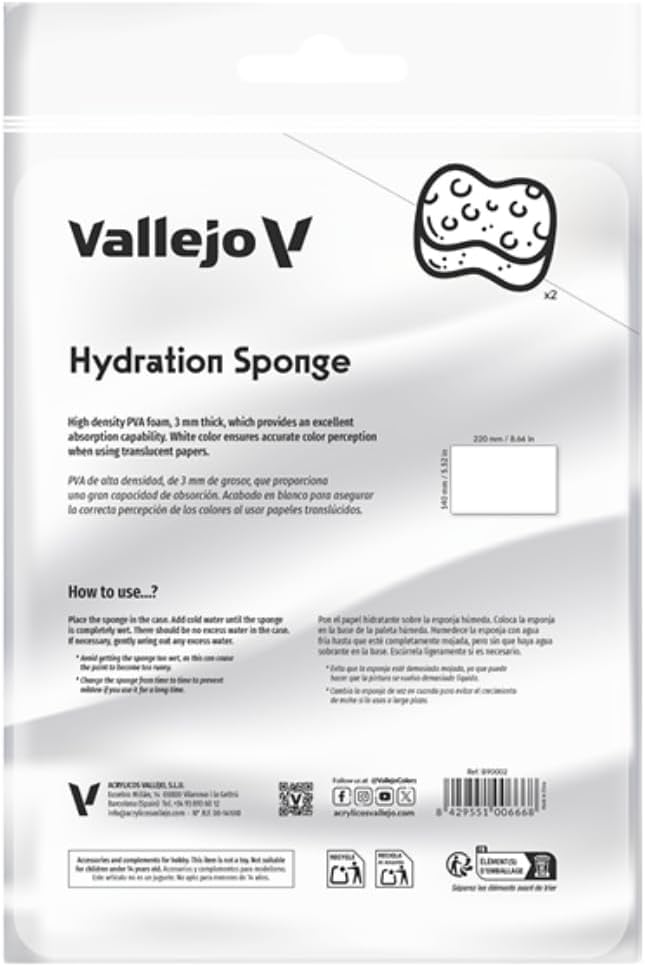 Vallejo - Hydration Sponge, Includes 2 Units of High Density PVA Foam 3 mm Thick (0.76 in) - Long-Lasting Paint Preservation Sponge Sheets - Professional Acrylic Palette Rehydration Pads