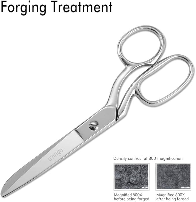 LIVINGO 8" Professional Heavy Duty Tailor Fabric Scissors, Dressmaker Sewing Classic Stainless Steel Ultra Sharp Forged Shears, Bent A-silver