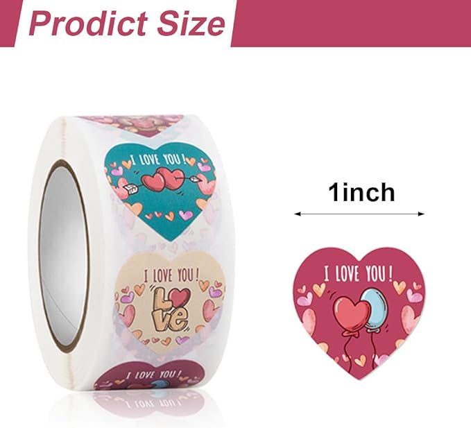 1000pcs Valentine’s Day Heart Roll Sticker 1inch i Love You Stickers for Packing Cards Candy Bags Seals Envelope Party Decoration Supplies