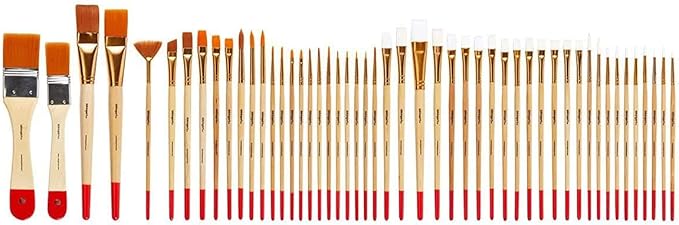 KINGART 50-Piece Paint Brush Set, Acrylic, Oil, Watercolor Gouache Paints, Face & Nail, Miniature Detailing & Rock Painting for Adults & Kids