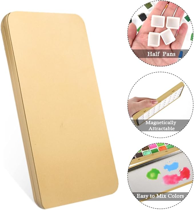 Portable Watercolor Tins Paint Palette with 40Pcs Empty Half Pans and Magnetic Squares, Small Travel Metal Paint Box with Acrylics Painting Art Drawing.Gold