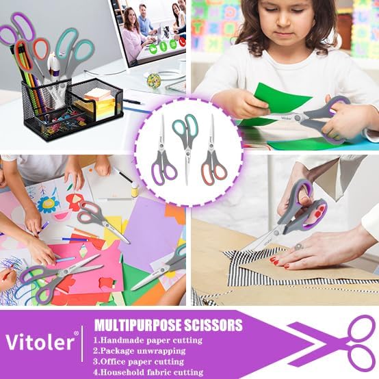 Vitoler Scissors 8.5" Heavy Duty scissors all purpose Bulk Set of 3, Scissors for Office Home School Craft Supplies, Soft Comfort-Grip Right/Left Hand