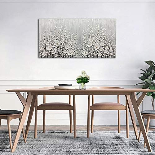 V-inspire Art, 24x48 Inch Hand Painted 3D White Flowers Wall Art Abstract Canvas Oil Paintings Wall Decorations for Living room Dining room Bedroom Artwork for Home Walls