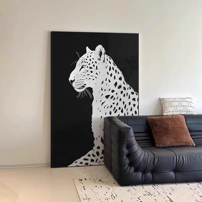 Modern Black and White Leopard Wall Art Canvas, Large Contemporary Wildlife Home Decor, 24x36 inches