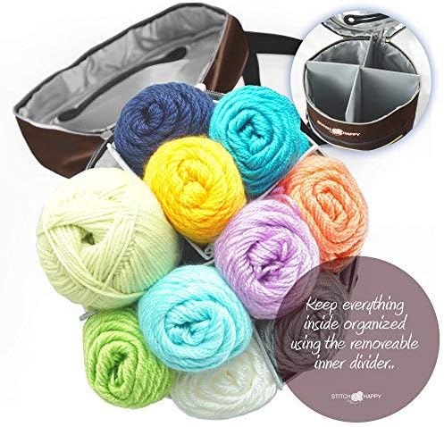 Designer Stitch Happy Crocheting Kit: 52 Piece Crochet Kit for Beginners & 7 Pocket Yarn Bag, Signature Yarn Storage - Chocolate