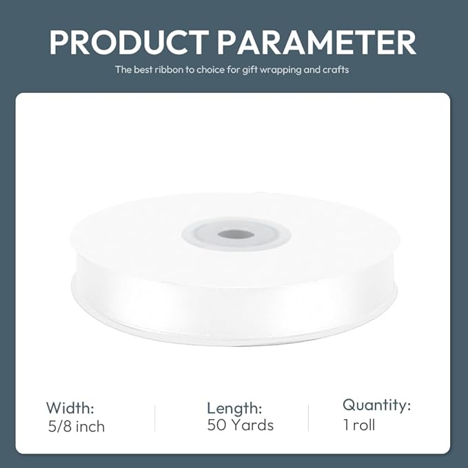 KMER LIFE 5/8" Wide x 50 Yards White Single Faced Polyester Satin Ribbon - Perfect for Wedding Decor, Wreaths, Crafts, Gift Wrapping & Other Projects