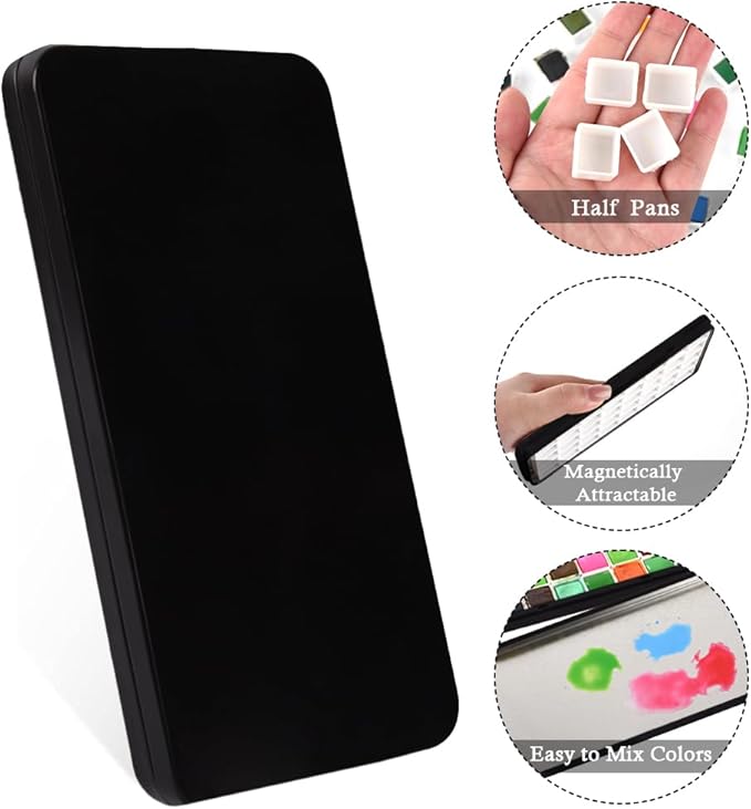 Portable Watercolor Tins Paint Palette with 40Pcs Empty Half Pans and Magnetic Squares, Small Travel Metal Paint Box with Acrylics Painting Art Drawing.Black