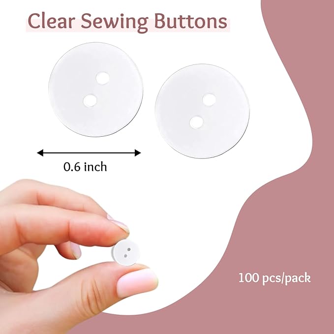 100 Pcs Clear Sewing Buttons 0.60 inch (15 mm) Transparent Buttons for Sewing 2 Hole Buttons for Crafts Sewing Buttons 24L Round Bulk Plastic Buttons for Dress Pants Shirt Skirt Blouse Craft DIY