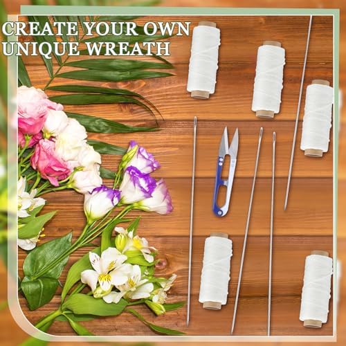 Leriton 13 Pcs Lei Needle Kit Include 6 Pcs Stainless Steel Long Needle 6 Twine 1 Sewing Scissors for DIY Marigold Garland Hawaiian Flowers Bead Stitch Craft(14'', 12'', 9.1'',Basic Style)