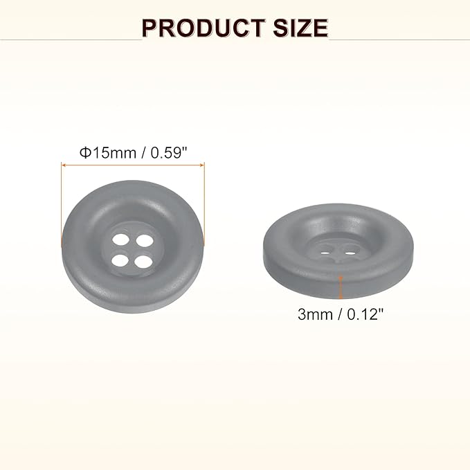 HARFINGTON 50pcs Sewing Button 15mm (5/8 Inch) 4 Holes Resin Thickened Round Crafting Replacement Buttons for Clothing DIY Crafts Decoration, Gray