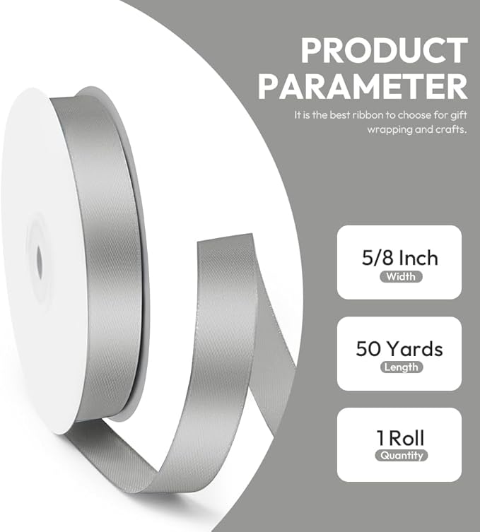 5/8" x 50 Yards Satin Ribbon - Silver Silk Ribbon with Spool - Ideal for Gift Wrapping, Floral Bouquets, Crafts, Wedding Party Decorations, Christmas and Sewing Projects