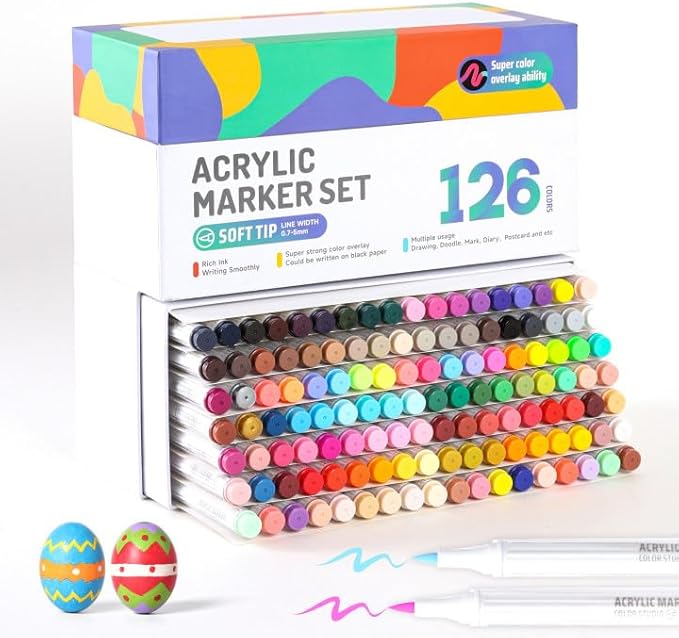 126 Colors Acrylic Paint Markers, Water Based Acrylic Paint Pens Set with Brush Tip for Wood, Glass, Paper, Stone, Egg, Rock Painting