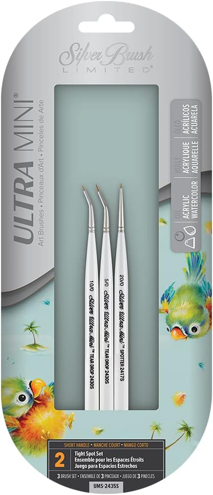 Silver Brush Limited UMS-2435S Ultra Mini Tight Spot Set, for Watercolor, Gouache, Inks, Dyes, Acrylic, & Heavy Body Paints, Set of 3, Size 20/0 Spotter, 5/0 and 10/0 Tear Drop Brushes, Short Handle