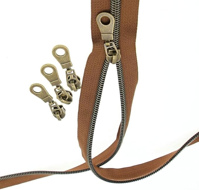 #5 Antique Brass Metallic Nylon Coil Zippers by The Yard Bulk Brown Zipper Tape 10 Yards with 25Pcs Pulls for DIY Sewing Craft Bags YIGUANXIN