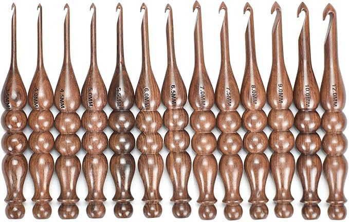 Wooden Crochet Hooks Set of 13 for Arthritic Hands | Ergonomic Soft Grip Handcrafted Knitting Needle for Crocheting and Knitting (Brown (Crochet - 5))