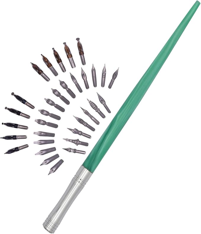 Gullor Resin Dip Pen Handcrafted Calligraphy Set with 33 Nibs for Art, Signatures, Drawing, Caligraphy Kits for Beginners (Green)