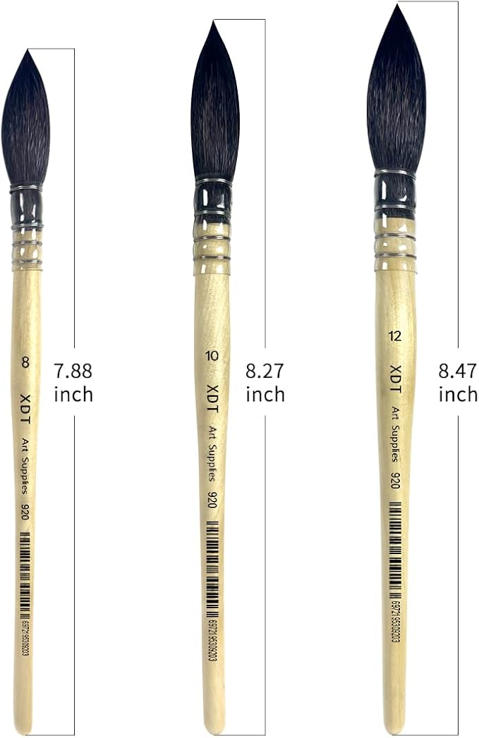 XDT#920 Round Watercolor Artist Paint Brush 3 Piece Set Medium Soft Black Goat Hair Long Handle #8#10#12, Mop Style Paint Brush for Watercolor & Acrylic & Oil