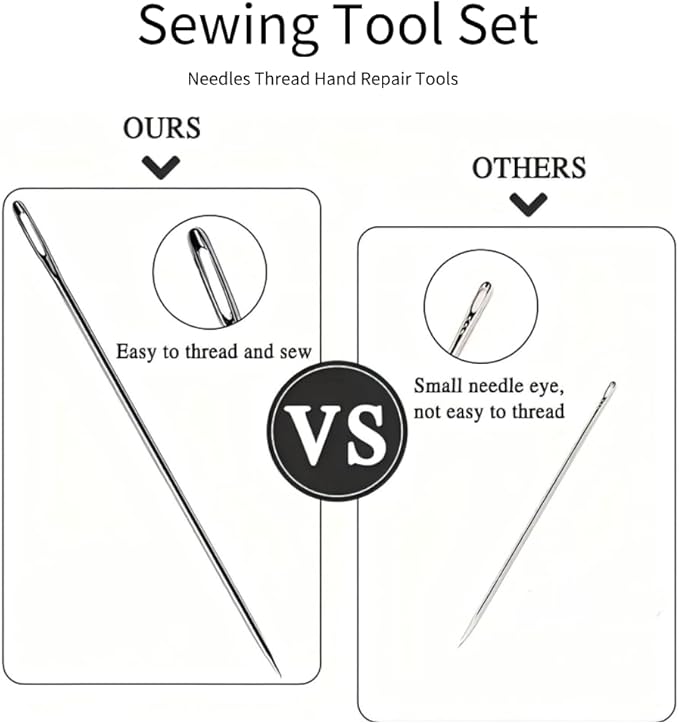 WIQVFYHO Big Eye Steel Sewing Needles Kit, 43 PCS Big Eye Needle Kit, Long Steel Needles for Hand Sewing, Portable DIY Handcraft Repair Tools for Beginners Big Eye Sewing kit