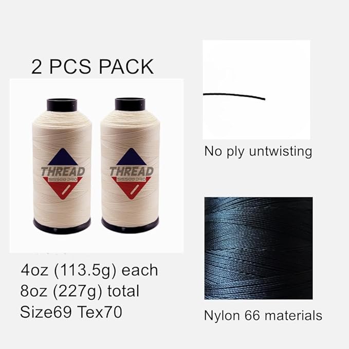 Sissewpro Tex70 Bonded Nylon Thread 69 Upholstery Thread Heavy Duty Threads for Sewing Machine Strong Black Threads for Leather, Beading, Hair Weaving, Denim, Canvas,Webbings, 4oz 1500yds（2, Natural）
