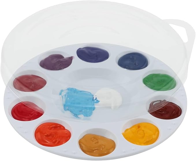 Creative Mark 10-Well Round Plastic Paint Palette with Lid - Pack of 12, Durable, Reusable, Solvent-Resistant, with Oversized Paint Wells for Students, Artists, Teachers - 7.4ml (0.25oz) per Well