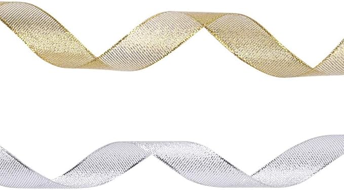 2 Rolls 50 Yards Width Metallic Glitter Ribbons 5/8 Inch Sparkly Fabric Wide Ribbon for Gift Wrapping, Crafts, Holiday Wedding Birthday Party Decoration Floral DIY Work(25 Yards Silver & Gold Ribbon)