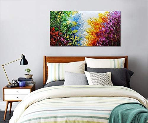 V-inspire Art, 24x48 inch Modern Abstract Oil Painting on Canvas Wall Art 100% Hand Painting Bright-Coloured Tree Art Living Room Bedroom Decoration Ready to Hang