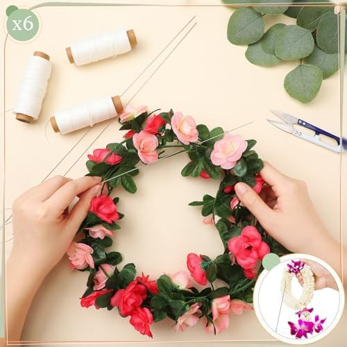 Leriton 13 Pcs Lei Needle Kit Include 6 Pcs Stainless Steel Long Needle 6 Twine 1 Sewing Scissors for DIY Marigold Garland Hawaiian Flowers Bead Stitch Craft(14'', 12'', 9.1'',Basic Style)