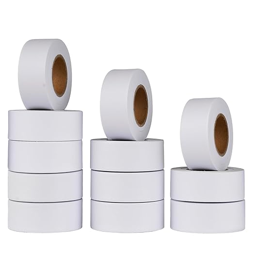 12 Pack White Flagging Tape, Non-Adhesive Plastic Ribbon Neon Marking Tape, Tree Tape, Surveyors Tape, Trail Marking, Survey Tape, 1.18 in. x 150 ft, 3.35 Mil Thick