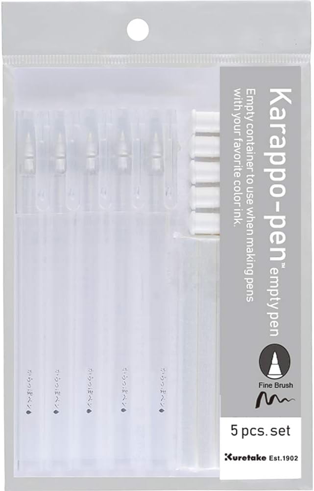 Kuretake Karappo Pen, Fine Brush tip 5pcs set, Empty refillable ink pen, for lettering, calligraphy, illustration, drawing, Made in Japan