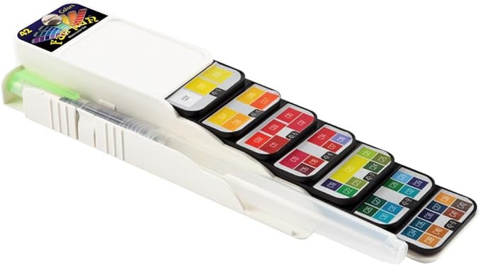 Fan-PAN Watercolor Paint Set - 42 Assorted Colors, Portable Foldable Pocket Artist Grade Professional Travel Watercolor Paint Kit w/Paint Brush and Arches 140lb Cold Press Watercolor Block 7" x 10"