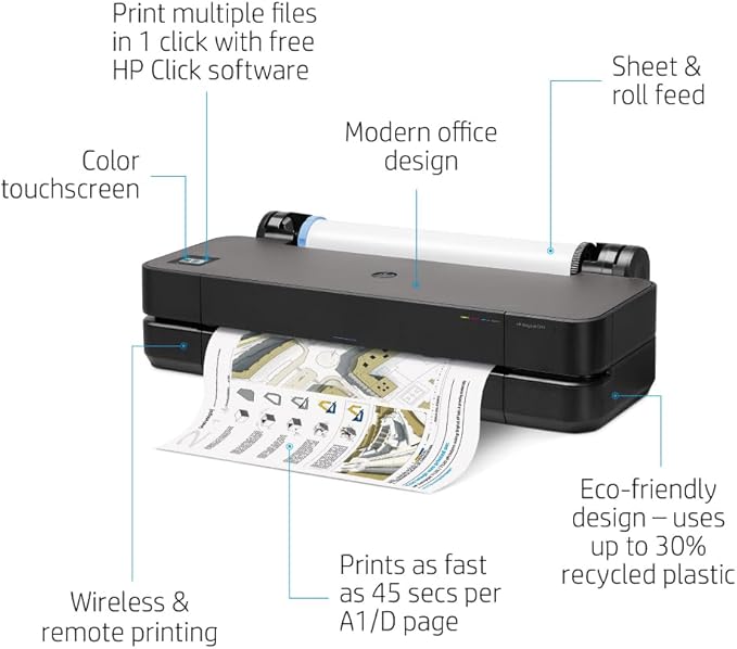 HP DesignJet T210 Large Format 24-inch Plotter Printer, for Easy Wide Format CAD & Poster Prints (8AG32T) - Includes 2-Year Warranty & Support