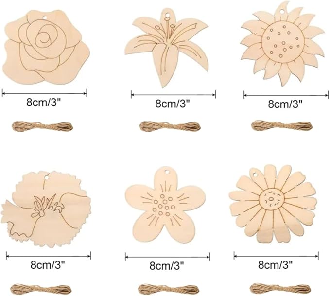 60 Pcs Wooden Ornaments, BetterJonny 3.15 * 2.56in Unfinished Natural Wood Slices with Holes Blank Wood Discs with 60pcs Jute Rope for DIY Christmas Decoration