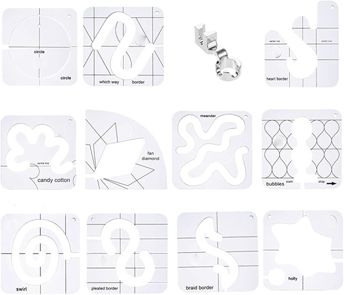11Pcs Quilting Template Kit with Low Shank Ruler Foot & Non-Slip Stickers - Free Motion Quilting Rulers for Sewing Machines, DIY Crafting Essentials